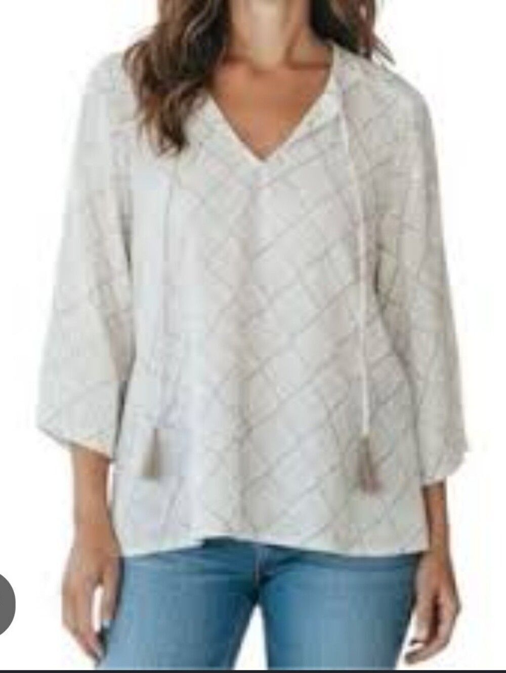 Oliphant Light Cream Plaid V-Neck Women's Top with Tassel Tie Euc Small